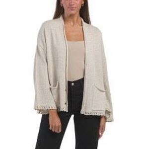 Max Studio Natural Linen Blend Crochet Trim Cardigan Size L Beuge Tan NWT